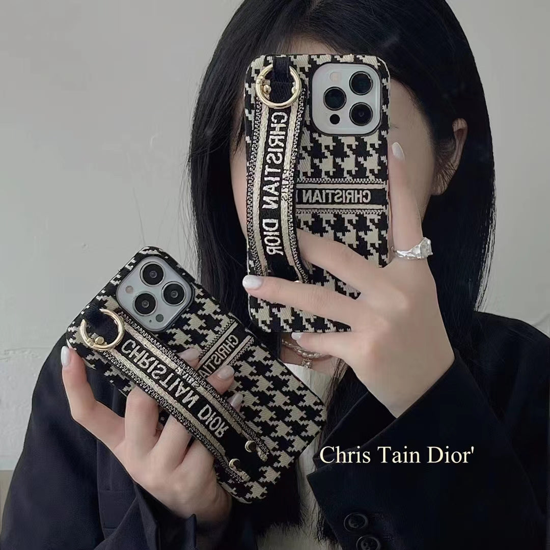 Luxury Textile CD Phone Case With Wrist Strap for iPhone
